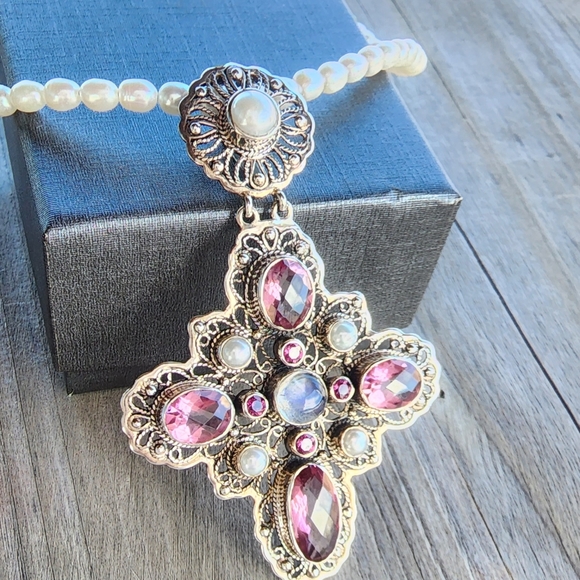 Nicky Butler Sterling Silver Pink Quartz Rhodolite Cross Pendant Pearl Necklace - Picture 3 of 16